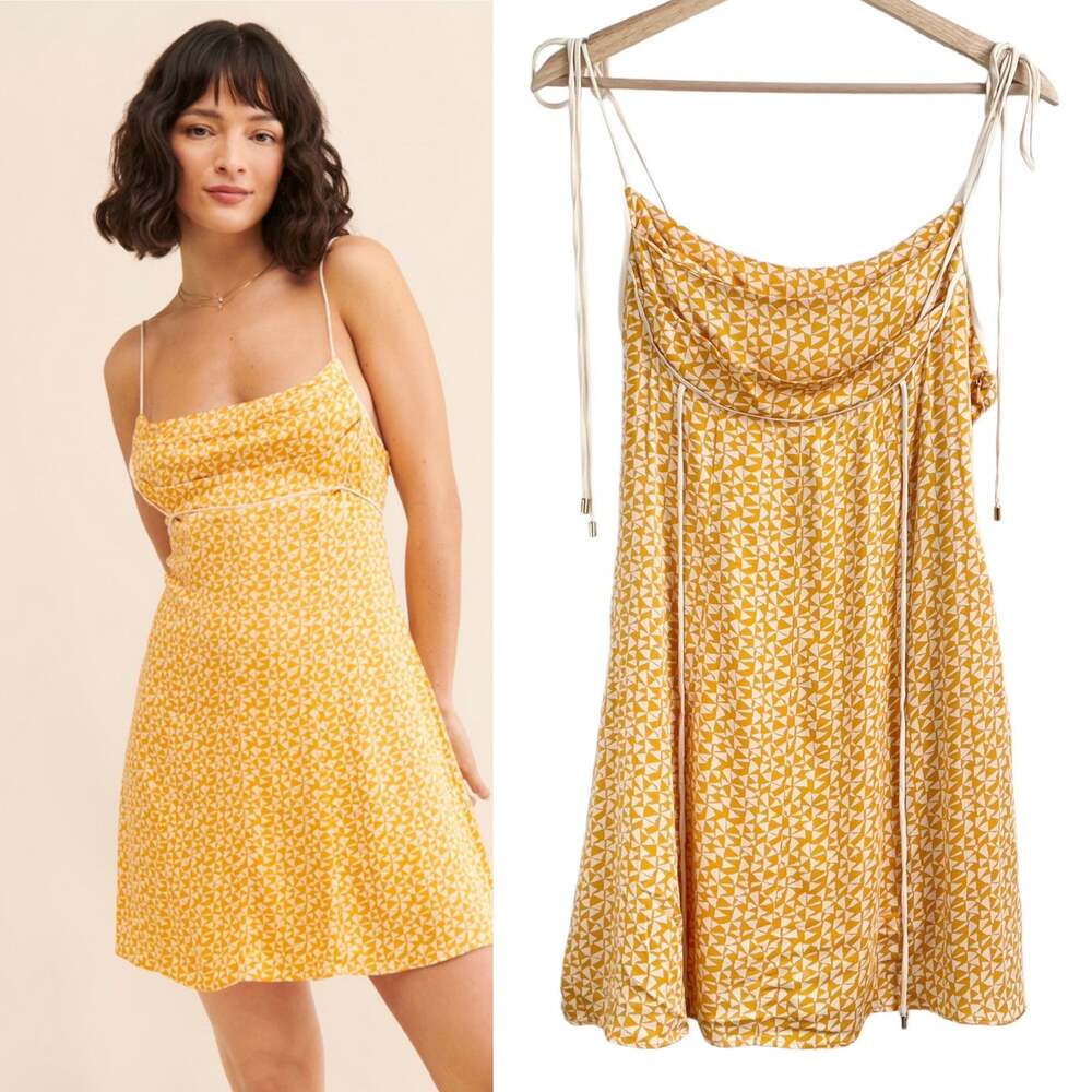 NWOT Free People Kai Mini Dress Yellow Size S Retro Geometric Tie Straps Summer